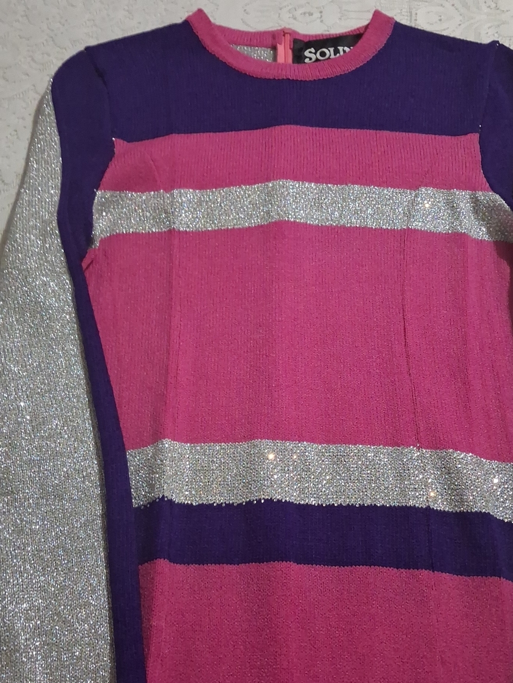 LINI Pink & Purple Rhinestone Striped Crewneck Sweater